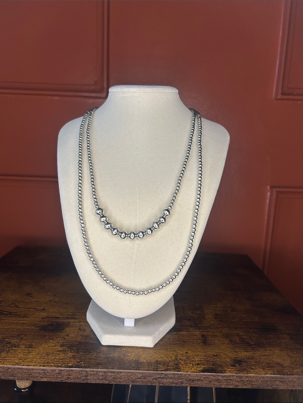 Sterling Silver Layered Bead Necklace Set - Silver
